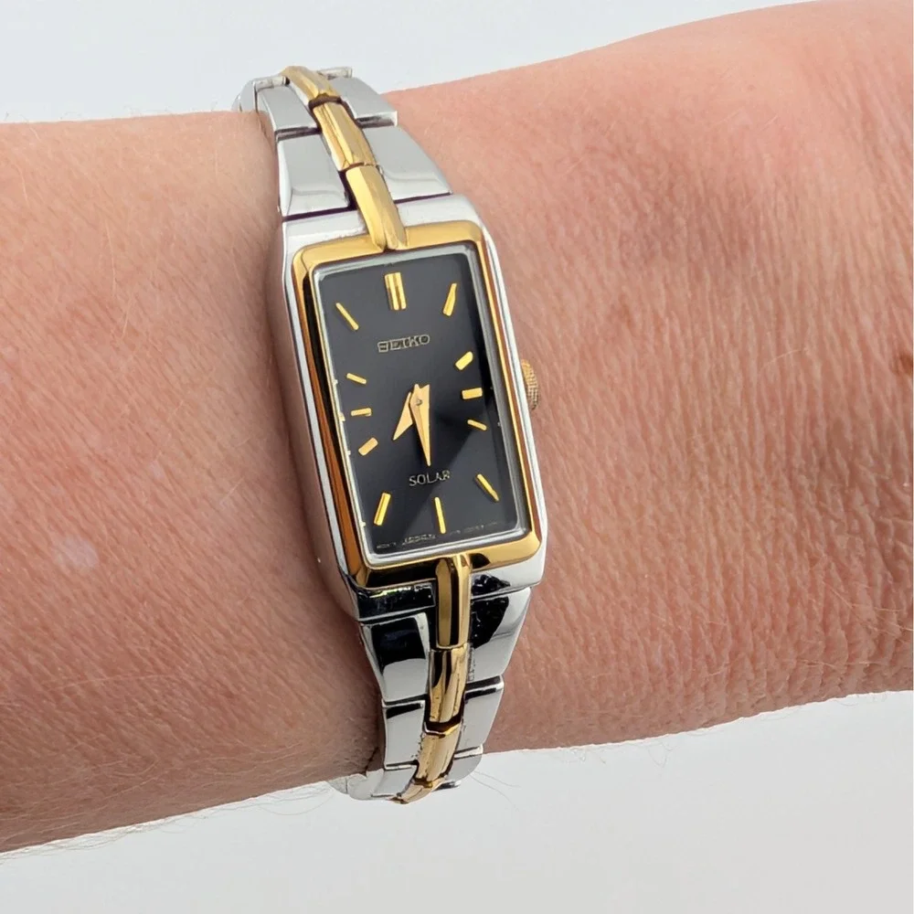 Seiko Solar Two Tone Black Sunburst Dial Rectangular Women's Watch V116-0AH0